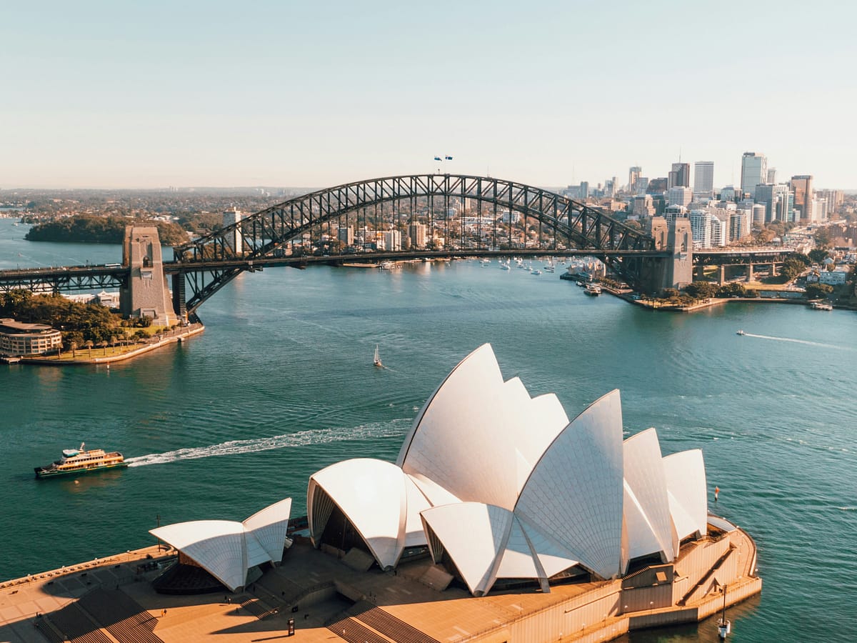 Vista panorámica aérea de la Ópera de Sydney y el puente de la bahía en Australia bajo un cielo despejado.