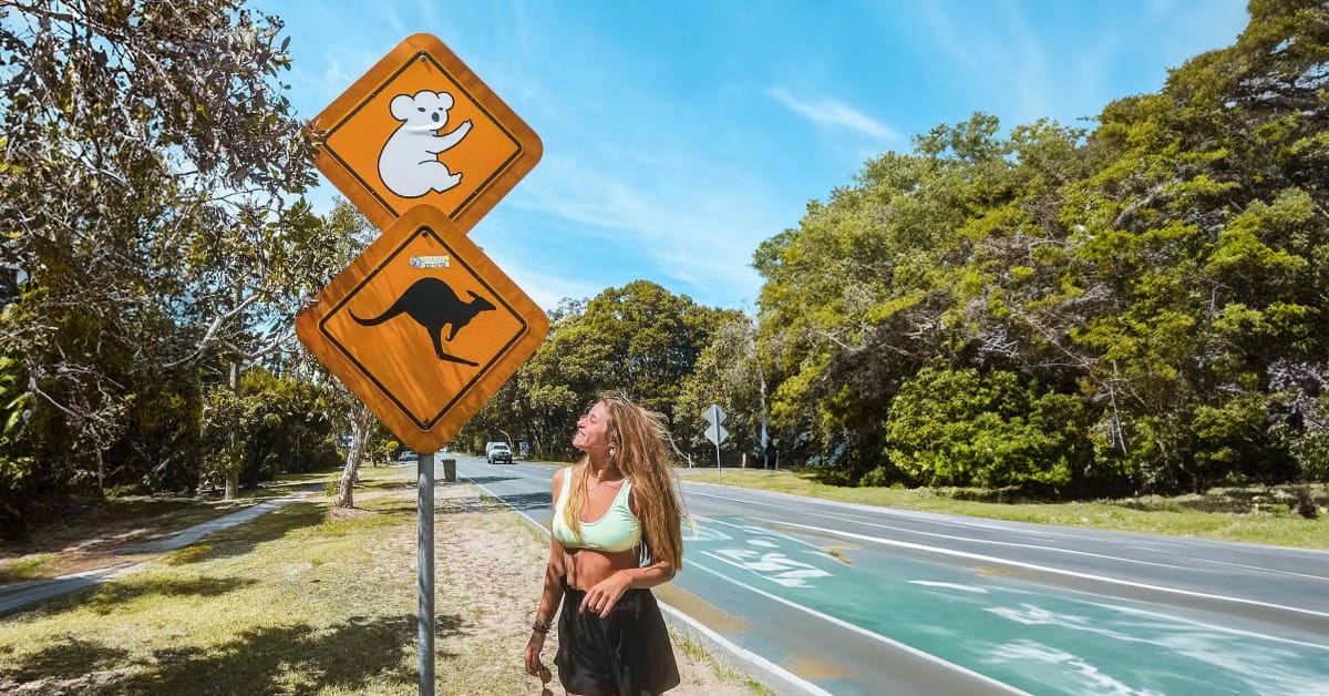 Mujer observando señales de tráfico con koala y canguro en una carretera de Australia